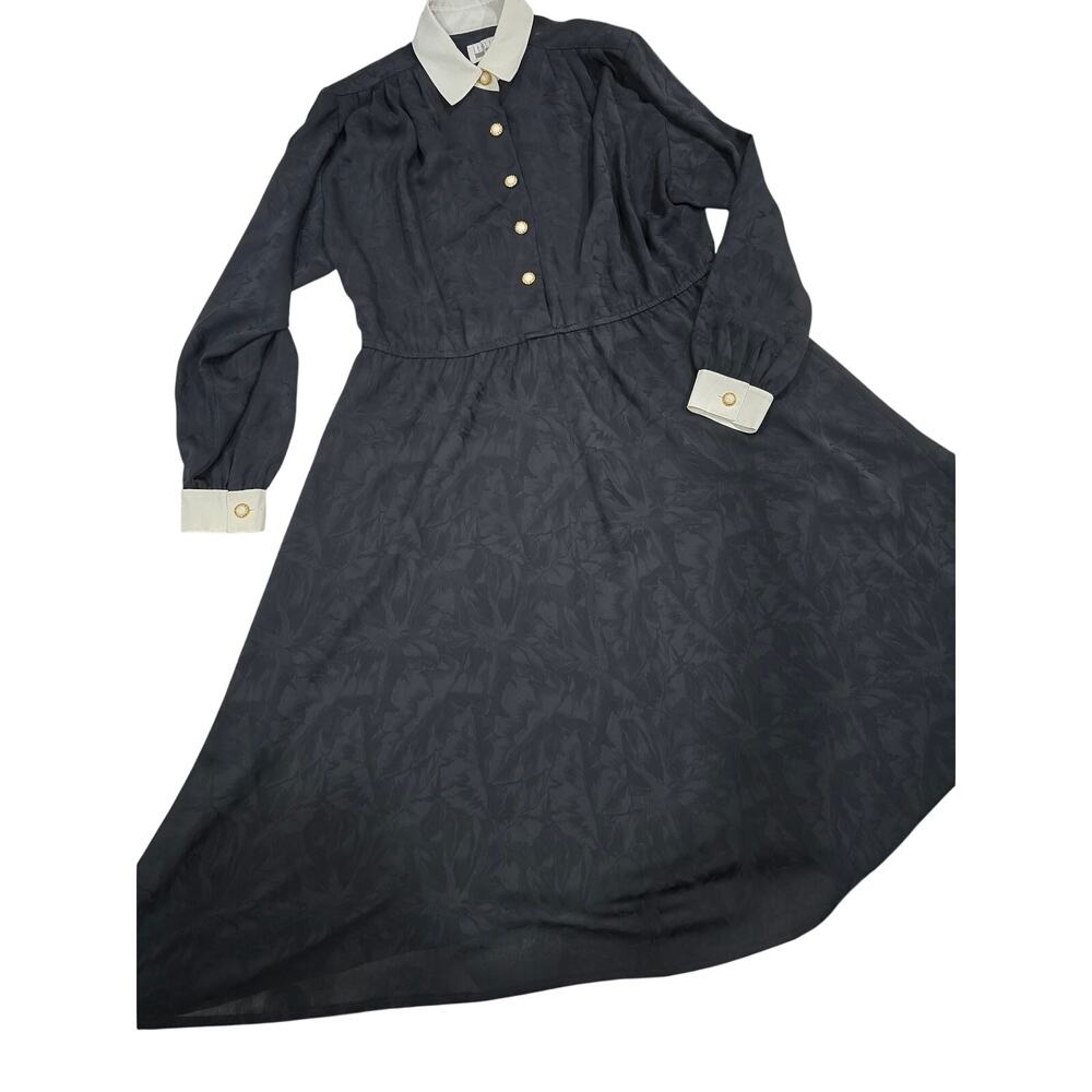 Vintage Leslie Fay Black Jacquard Midi Dress White Collar Women's 12